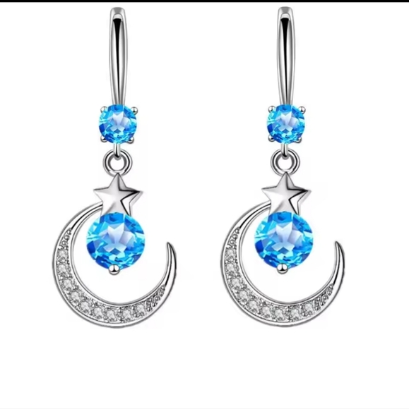 Star and Crescent Moon Earrings with Blue Gemstones - Picture 2 of 6